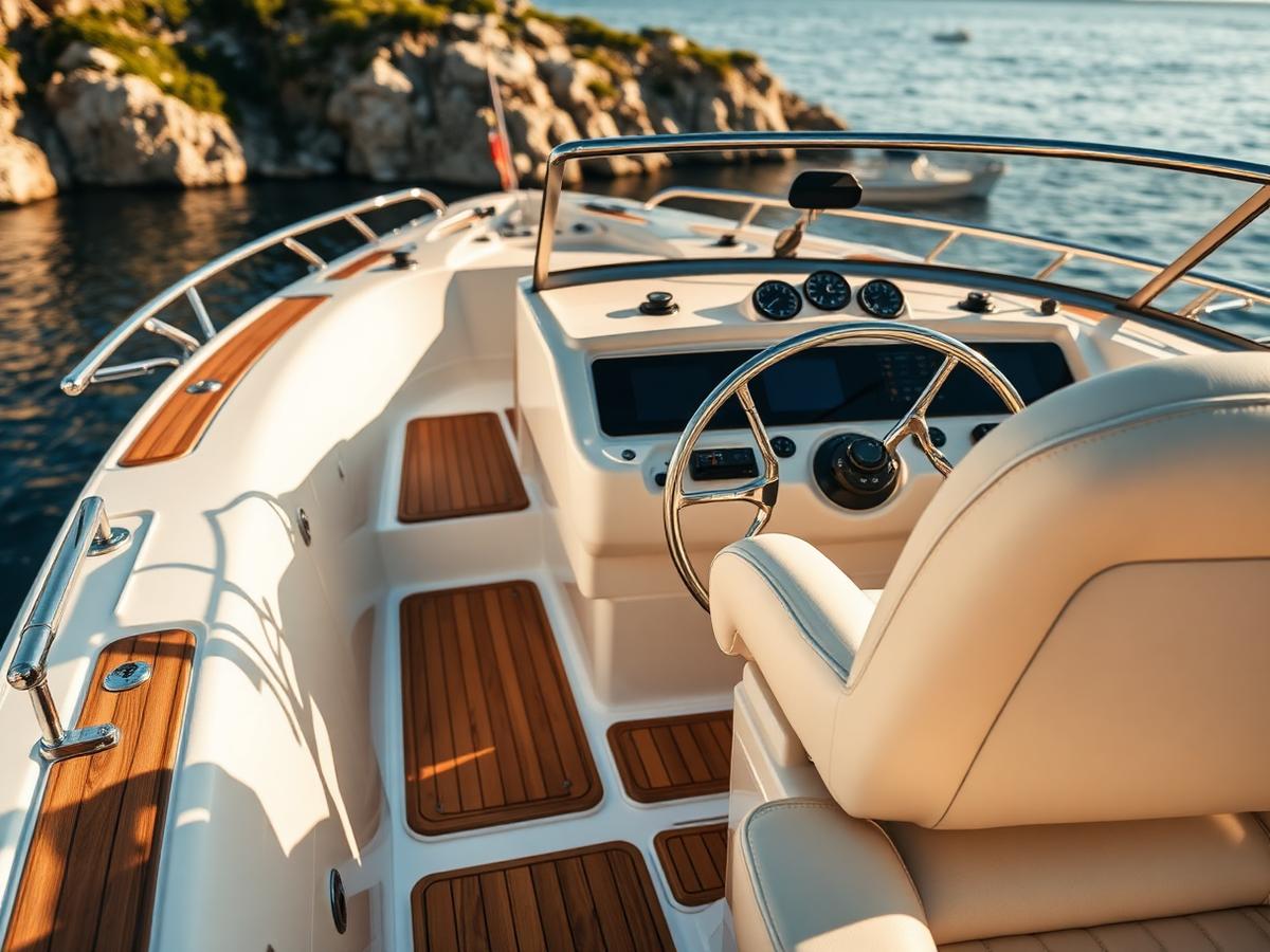 Detail of a luxury RIB helm with teak deck and cream upholstery
